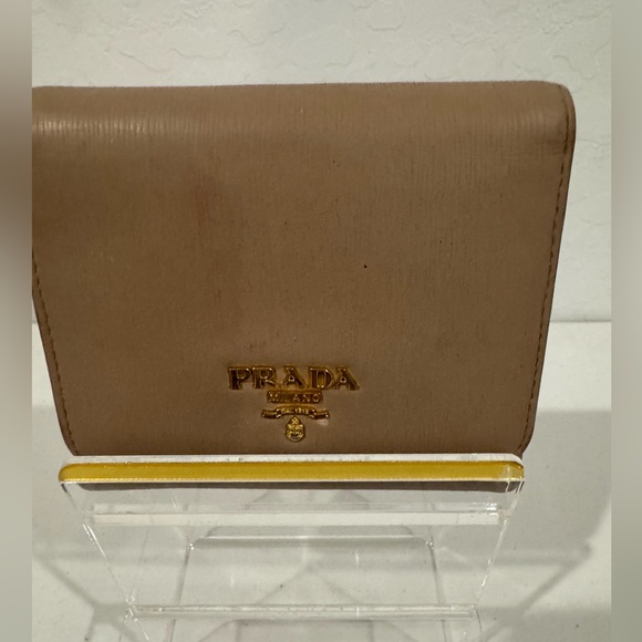 Prada Handbags - Prada Tan Saffiano Card Holder with Gold Logo